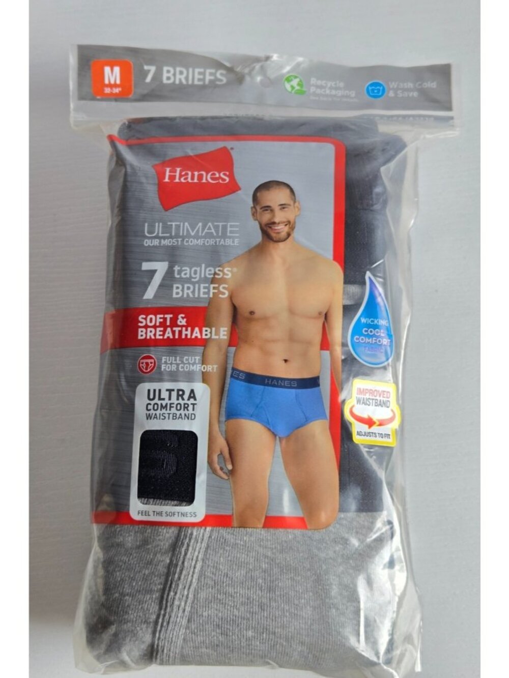 Hanes Ultimate Tagless Briefs Men Medium32-34 Black Gray 100% Cotton 7 Pairs NEW